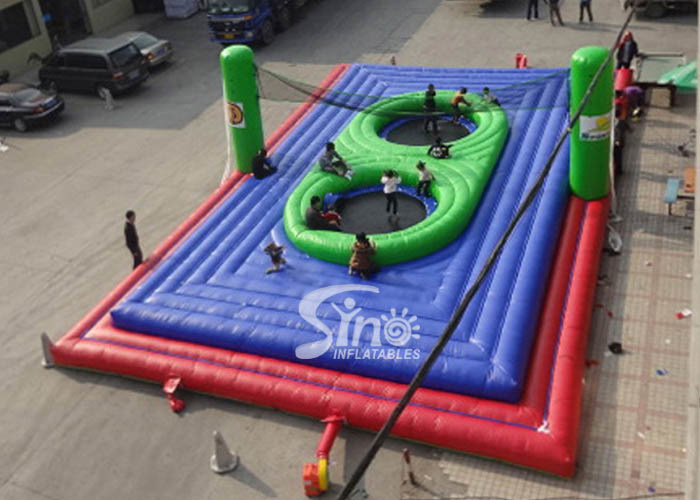 Commercial Grade Adults Big Inflatable Bossaball Court With Center Trampolines For Volleyball Games The volleyball court specifications require the court to be 18 meters (60 feet) long and 9 meters (30 feet) wide. commercial grade adults big inflatable