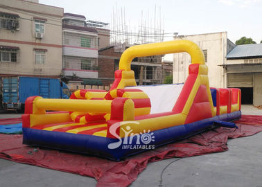 37' long outdoor commercial kids inflatable obstacle course with pillars and slides inside