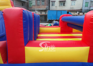 37' long outdoor commercial kids inflatable obstacle course with pillars and slides inside