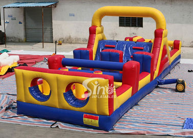 37' long outdoor commercial kids inflatable obstacle course with pillars and slides inside